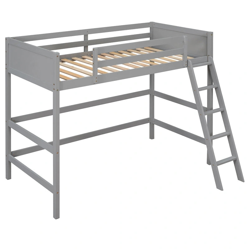 Gray Twin Size Solid Wood Loft Bed with Ladder and Fence