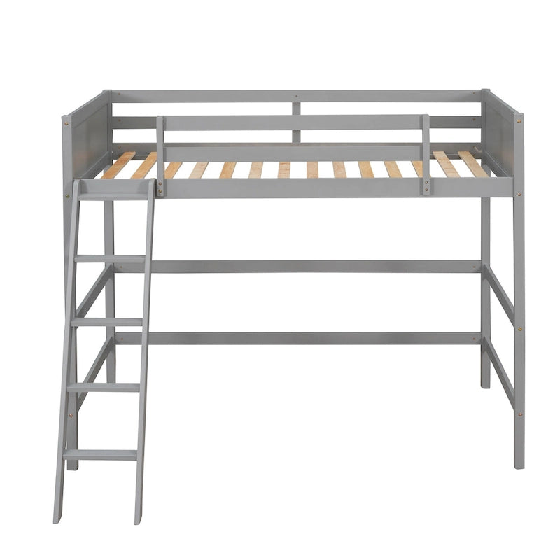 Gray Twin Size Solid Wood Loft Bed with Ladder and Fence