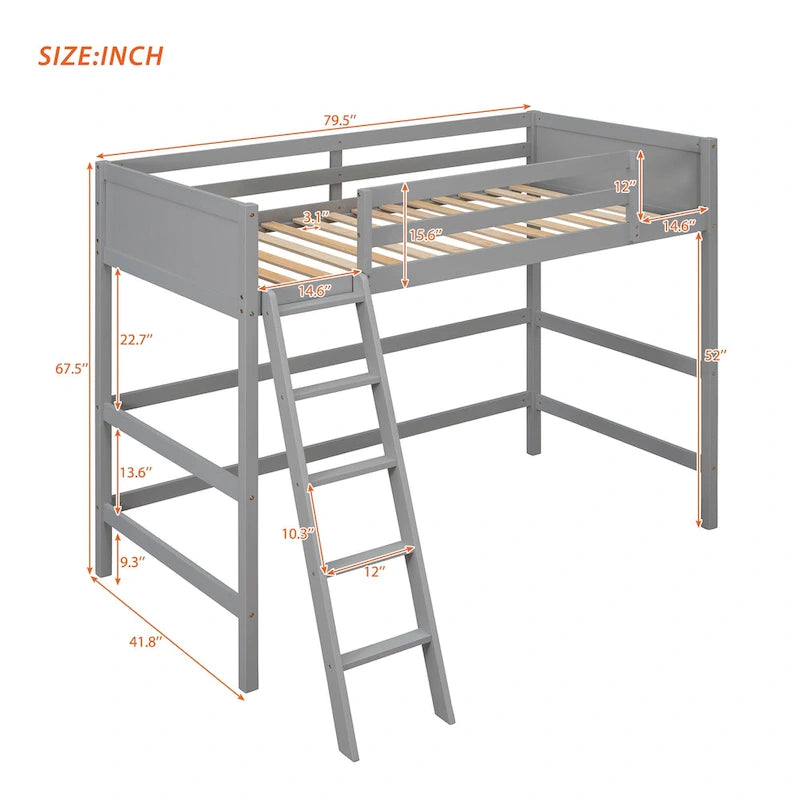 Gray Twin Size Solid Wood Loft Bed with Ladder and Fence
