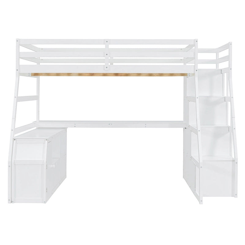 White Full Size Wood Loft Bed with Drawers, Shelves, Ladder, and Desk
