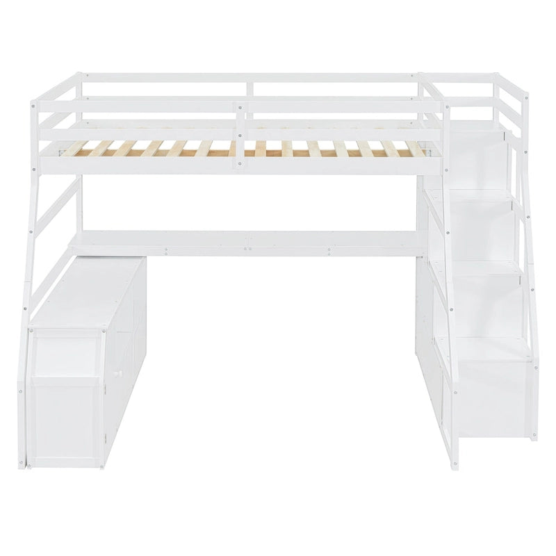 White Full Size Wood Loft Bed with Drawers, Shelves, Ladder, and Desk