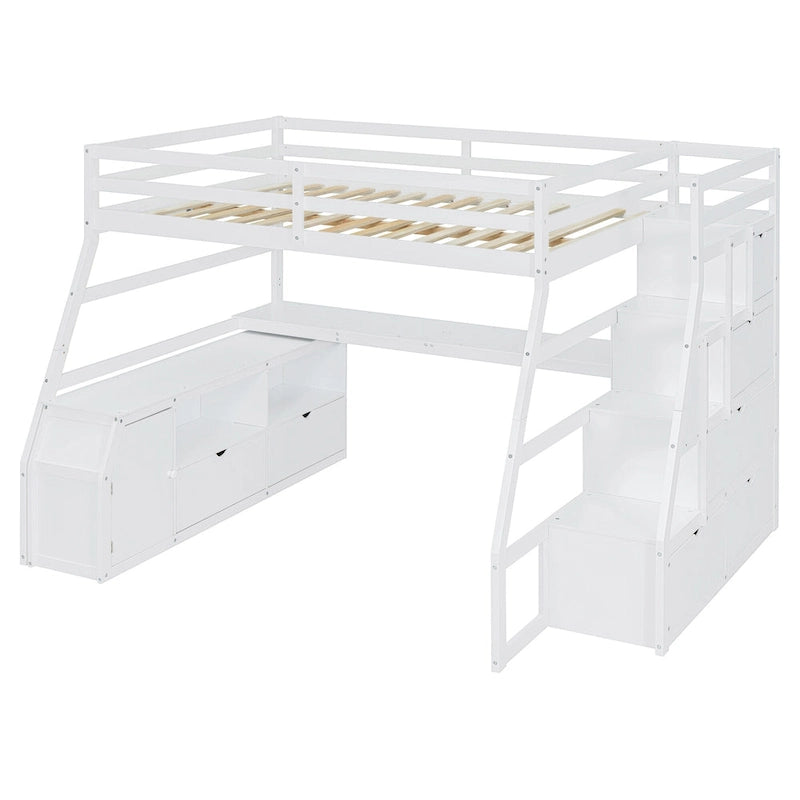 White Full Size Wood Loft Bed with Drawers, Shelves, Ladder, and Desk