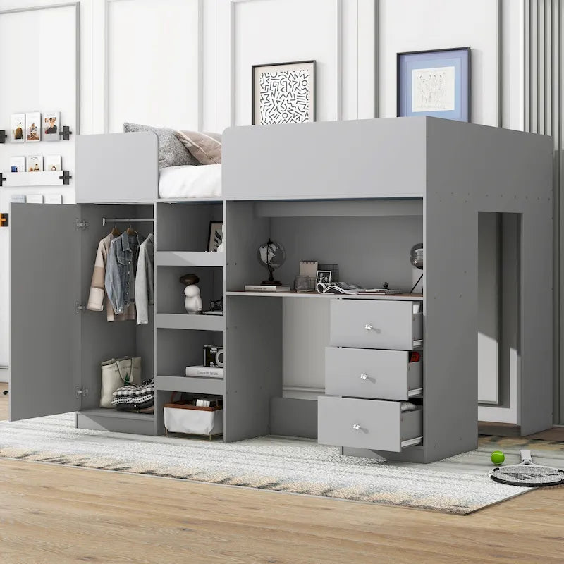 Grey Full Size Solid Wood Loft Bed with Built-in Wardrobe, Desk, Storage Shelves and Drawers