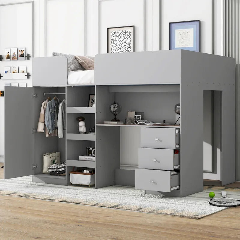 Grey Full Size Solid Wood Loft Bed with Built-in Wardrobe, Desk, Storage Shelves and Drawers