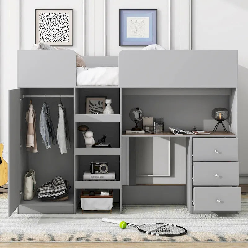 Grey Full Size Solid Wood Loft Bed with Built-in Wardrobe, Desk, Storage Shelves and Drawers