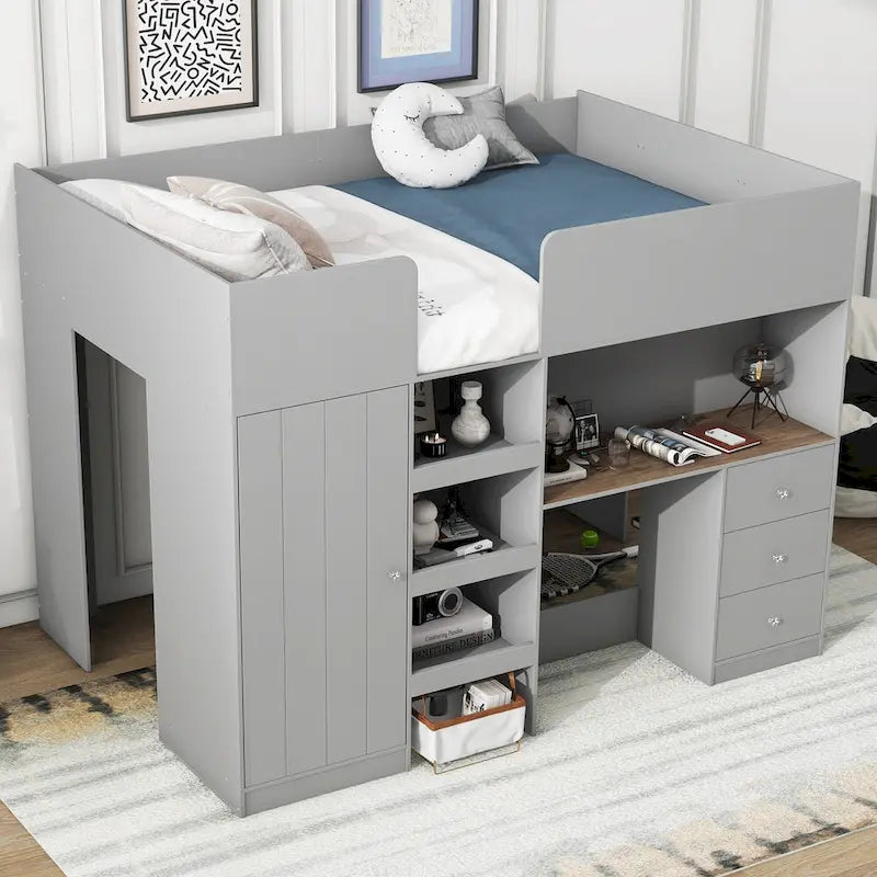 Grey Full Size Solid Wood Loft Bed with Built-in Wardrobe, Desk, Storage Shelves and Drawers
