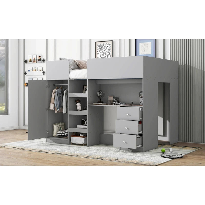 Grey Full Size Solid Wood Loft Bed with Built-in Wardrobe, Desk, Storage Shelves and Drawers