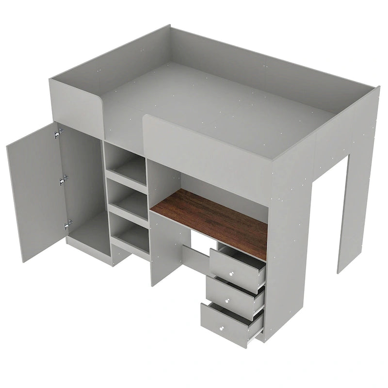 Grey Full Size Solid Wood Loft Bed with Built-in Wardrobe, Desk, Storage Shelves and Drawers