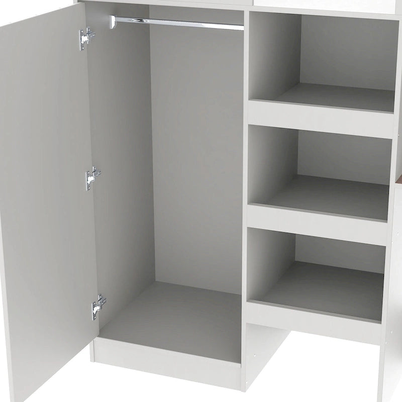Grey Full Size Solid Wood Loft Bed with Built-in Wardrobe, Desk, Storage Shelves and Drawers