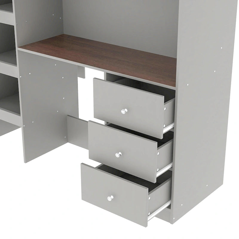 Grey Full Size Solid Wood Loft Bed with Built-in Wardrobe, Desk, Storage Shelves and Drawers