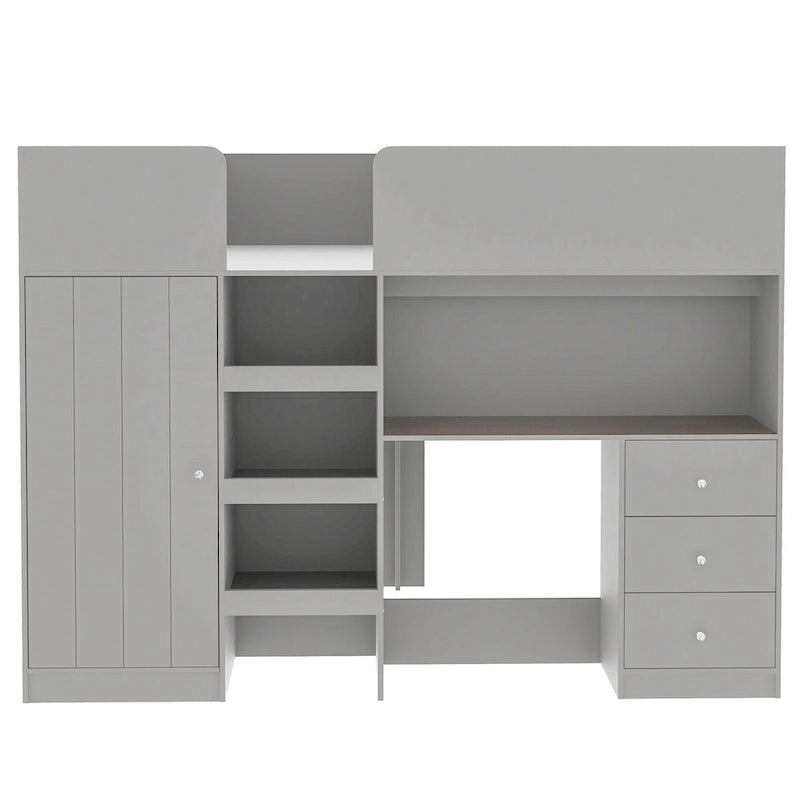 Grey Full Size Solid Wood Loft Bed with Built-in Wardrobe, Desk, Storage Shelves and Drawers