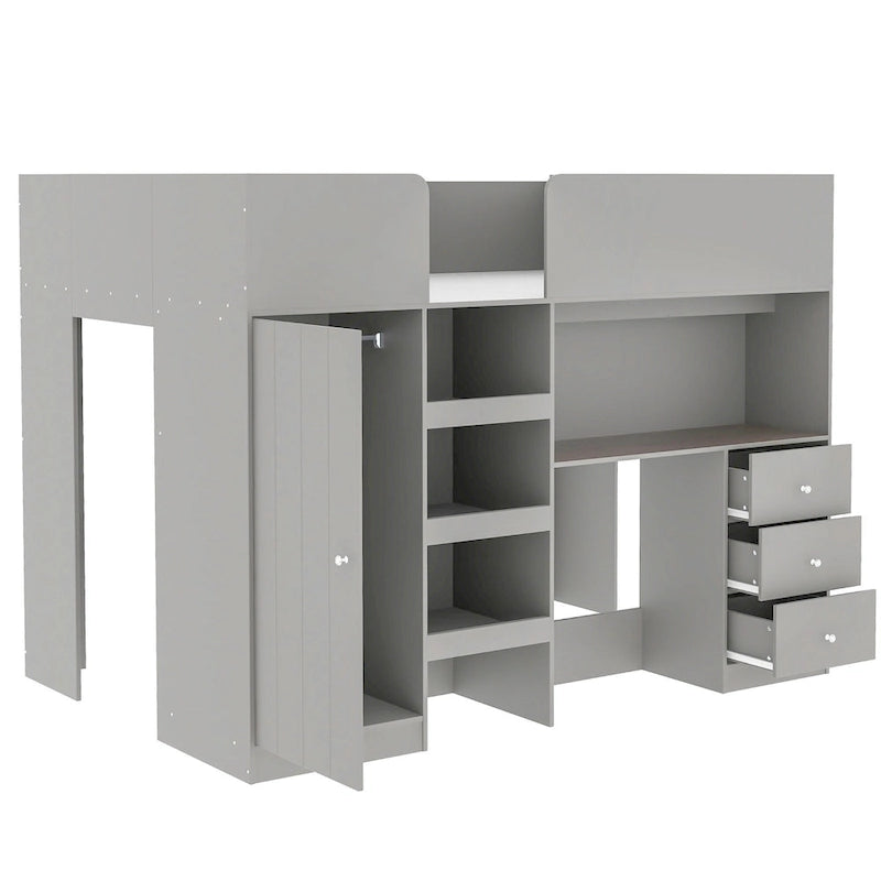 Grey Full Size Solid Wood Loft Bed with Built-in Wardrobe, Desk, Storage Shelves and Drawers