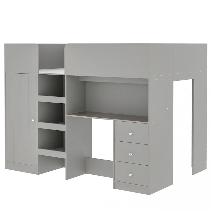 Grey Full Size Solid Wood Loft Bed with Built-in Wardrobe, Desk, Storage Shelves and Drawers