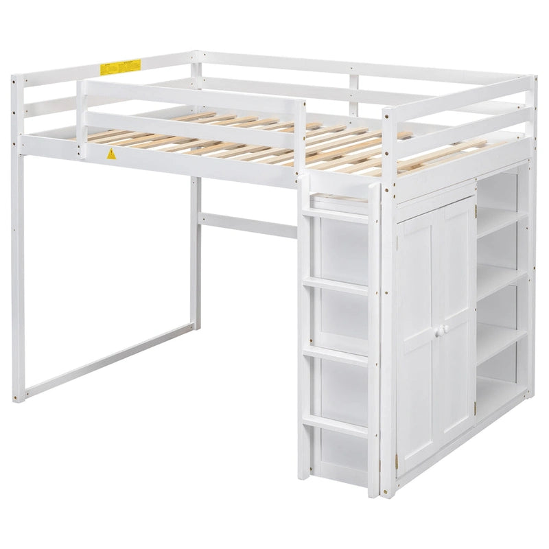 White Full Size Wood Loft Bed with Built-in Wardrobe and Storage Shelves, Led light