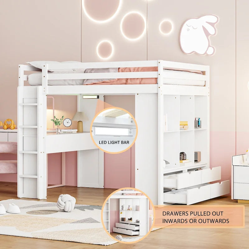 White Full Size Solid Wood Loft Bed with Shelves and LED Light