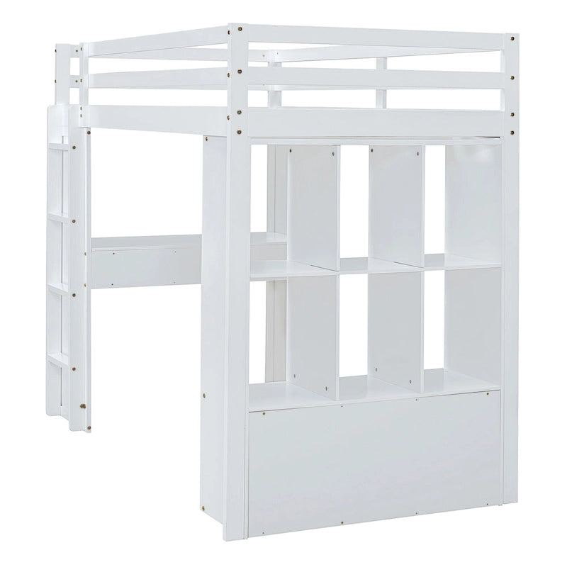 White Full Size Solid Wood Loft Bed with Shelves and LED Light