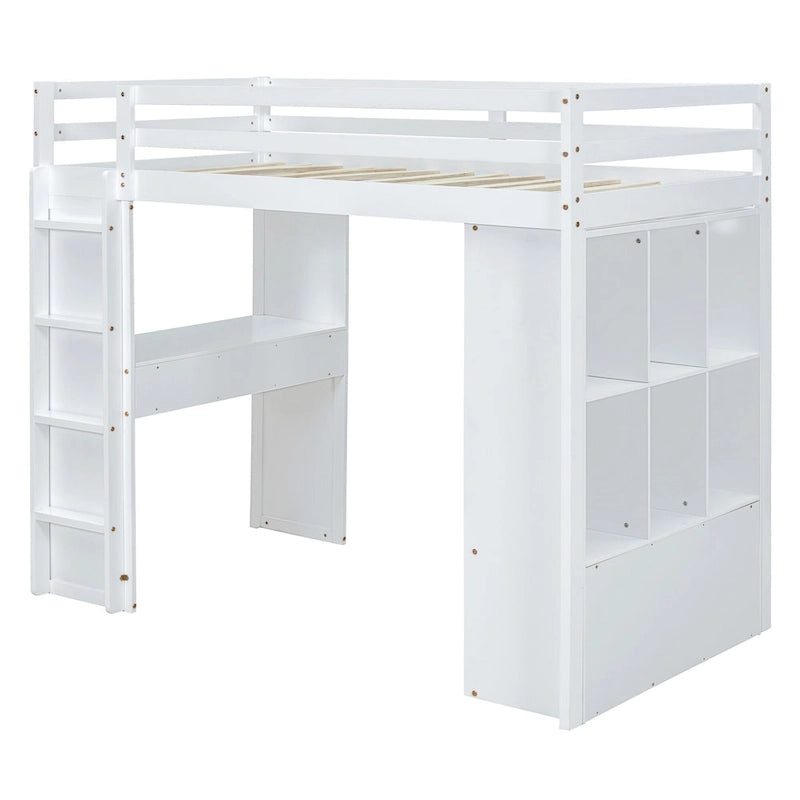 White Full Size Solid Wood Loft Bed with Shelves and LED Light