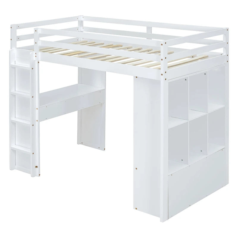 White Full Size Solid Wood Loft Bed with Shelves and LED Light