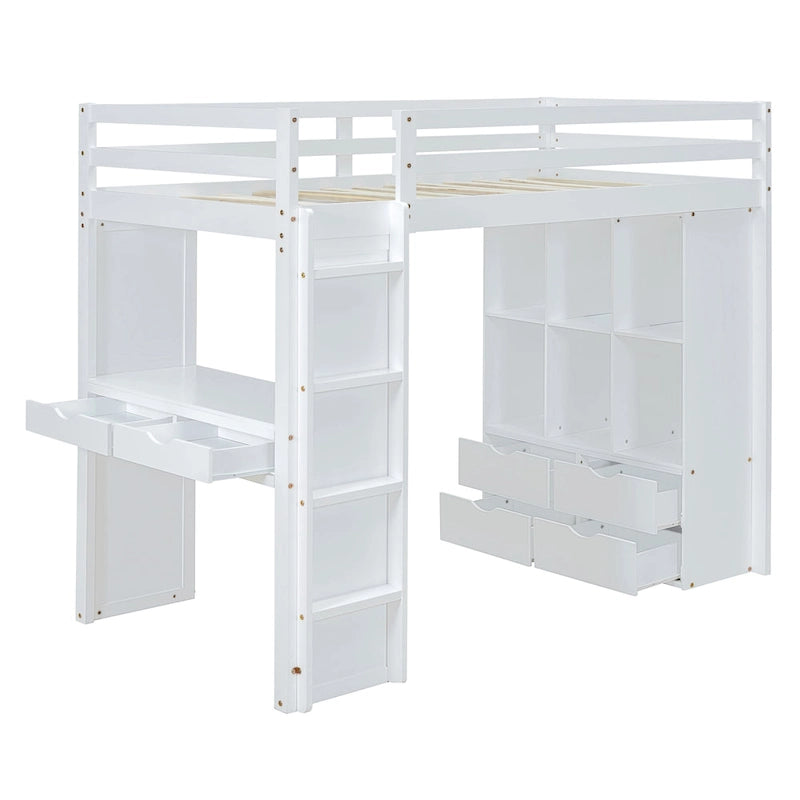 White Full Size Solid Wood Loft Bed with Shelves and LED Light