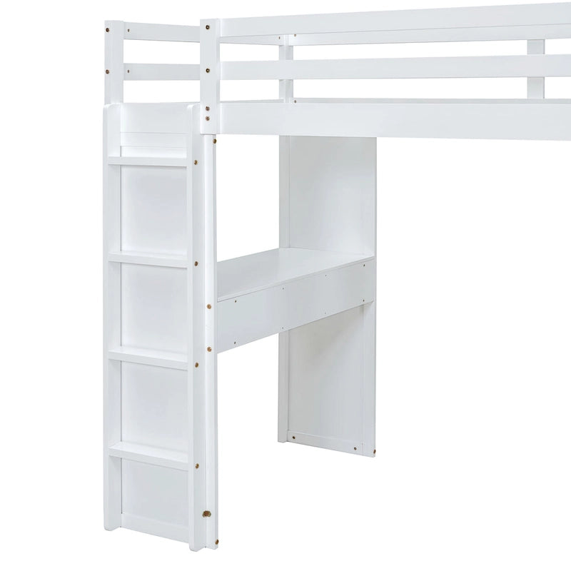 White Full Size Solid Wood Loft Bed with Shelves and LED Light
