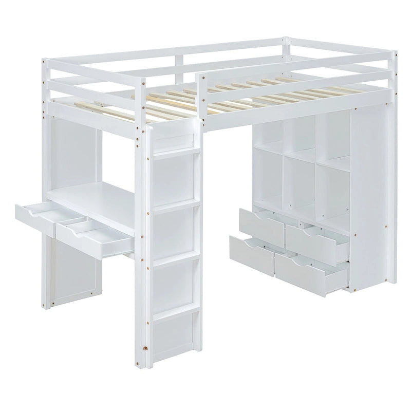 White Full Size Solid Wood Loft Bed with Shelves and LED Light