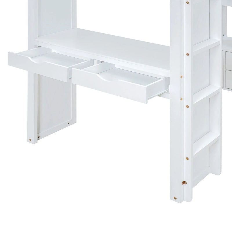 White Full Size Solid Wood Loft Bed with Shelves and LED Light