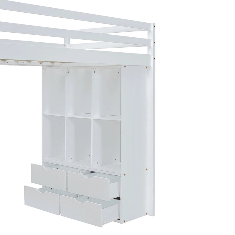 White Full Size Solid Wood Loft Bed with Shelves and LED Light