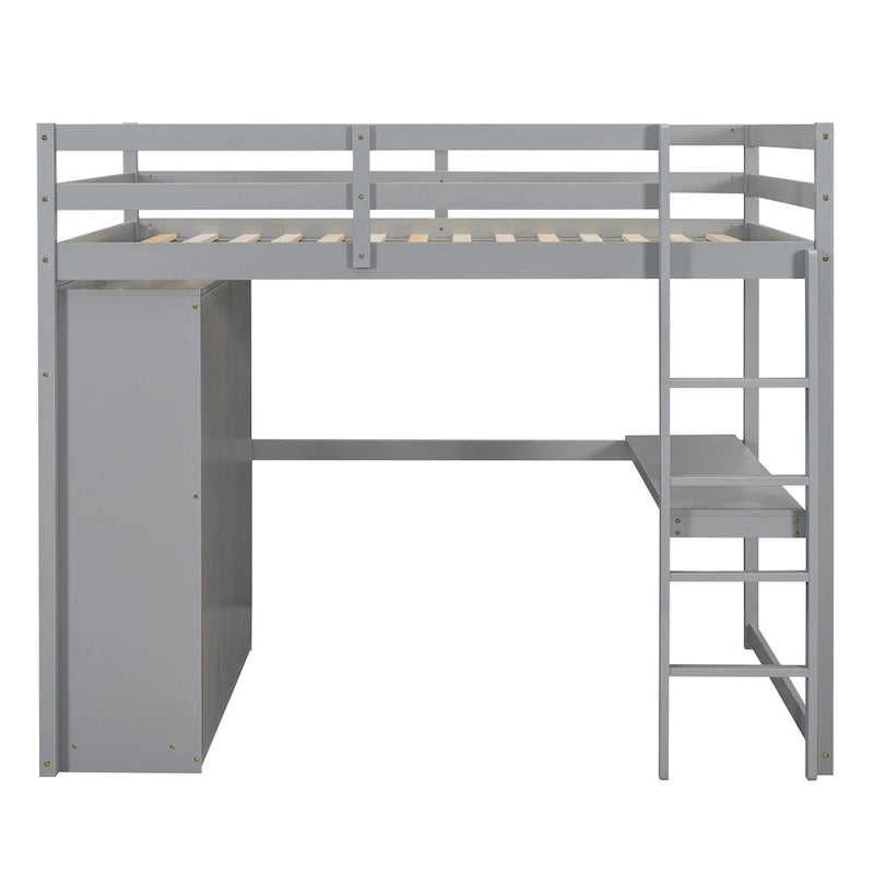 Gray Full Size Solid Wood Loft Bed with Built-in Wardrobe, Desk, Storage Shelves and Drawers
