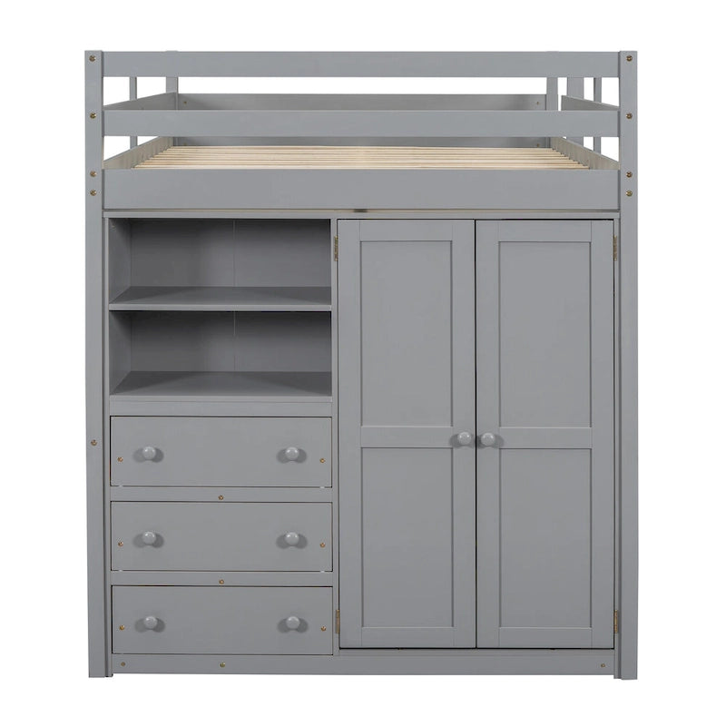 Gray Full Size Solid Wood Loft Bed with Built-in Wardrobe, Desk, Storage Shelves and Drawers