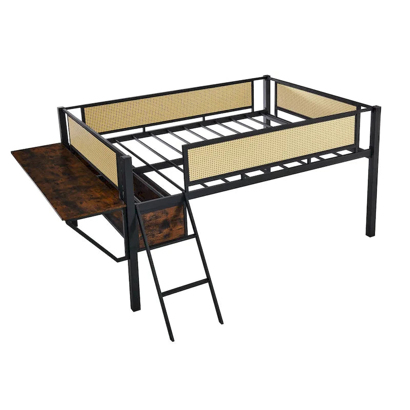 Black+Brown Full Size Metal Loft Bed with Rectangular Desk and Storage