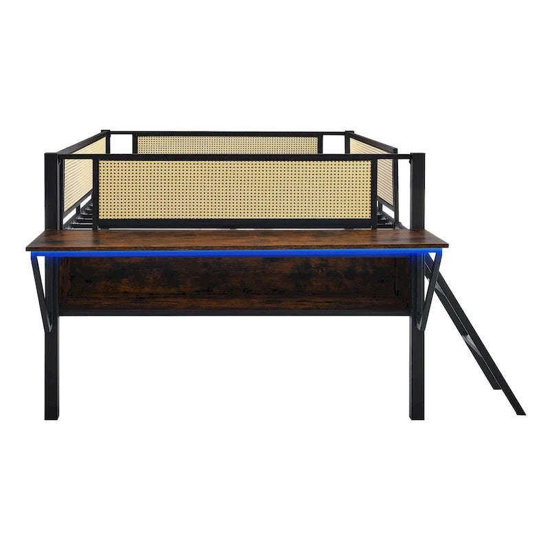 Black+Brown Full Size Metal Loft Bed with Rectangular Desk and Storage