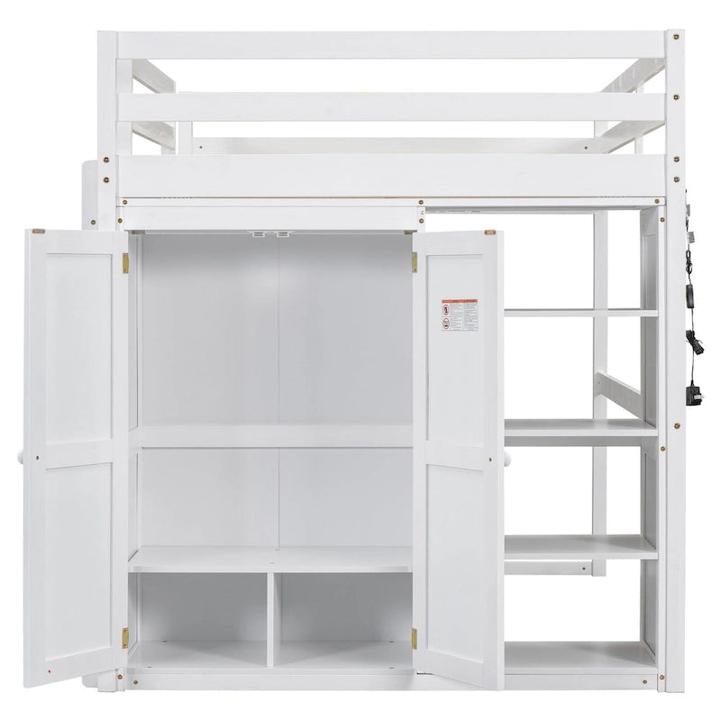 White Full Size Wood Loft Bed with Wardrobe and Storage Shelves