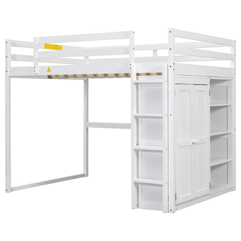 White Full Size Wood Loft Bed with Wardrobe and Storage Shelves
