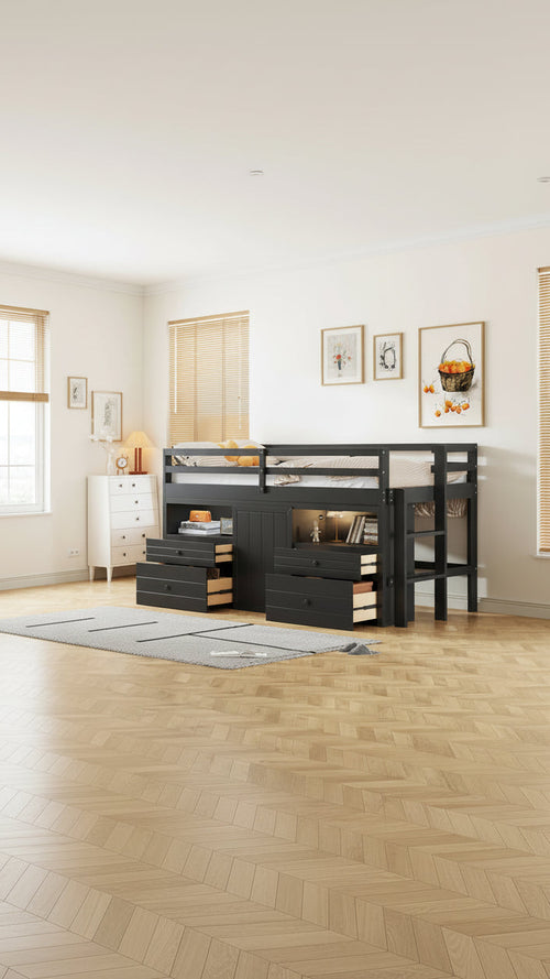 Espresso Twin Size Solid Wood Loft Bed with Drawers and Cabinets