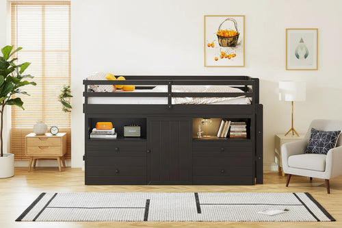 Espresso Twin Size Solid Wood Loft Bed with Drawers and Cabinets