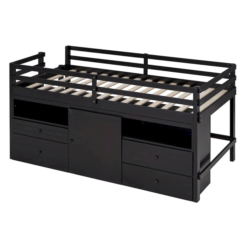 Espresso Twin Size Solid Wood Loft Bed with Drawers and Cabinets