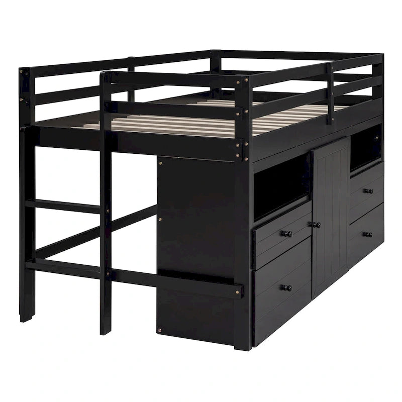 Espresso Twin Size Solid Wood Loft Bed with Drawers and Cabinets