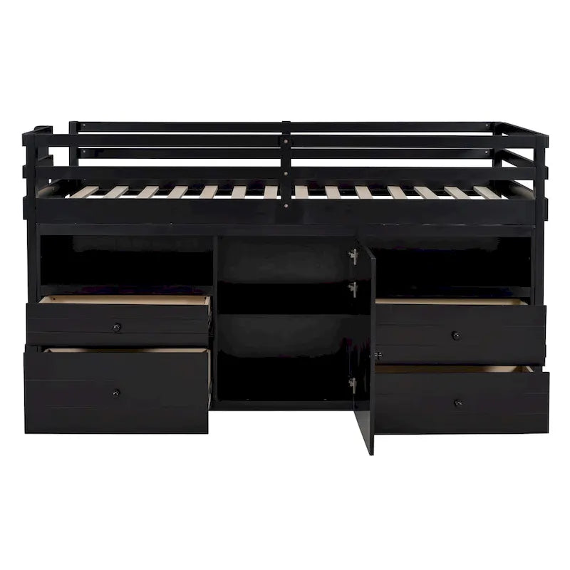 Espresso Twin Size Solid Wood Loft Bed with Drawers and Cabinets