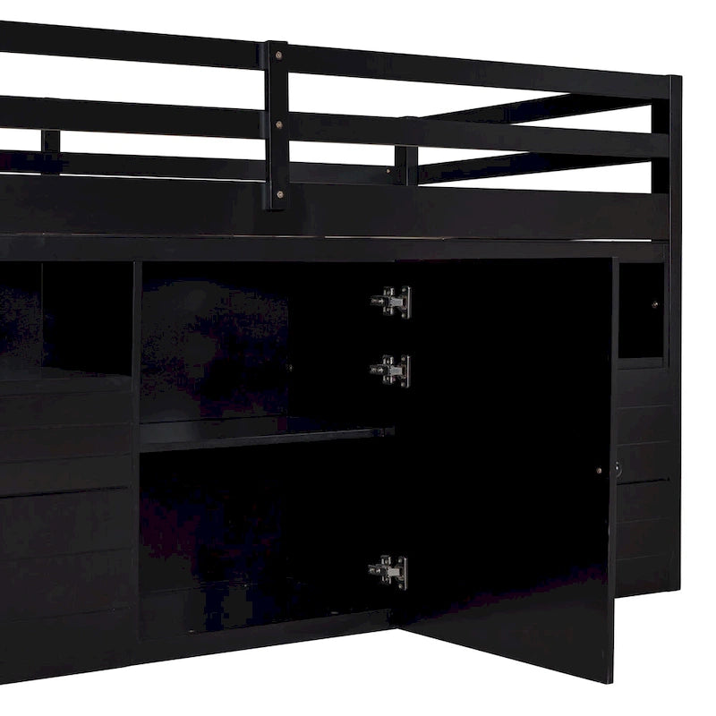 Espresso Twin Size Solid Wood Loft Bed with Drawers and Cabinets