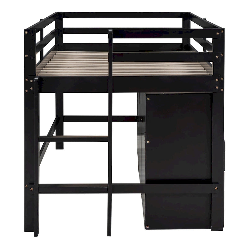 Espresso Twin Size Solid Wood Loft Bed with Drawers and Cabinets