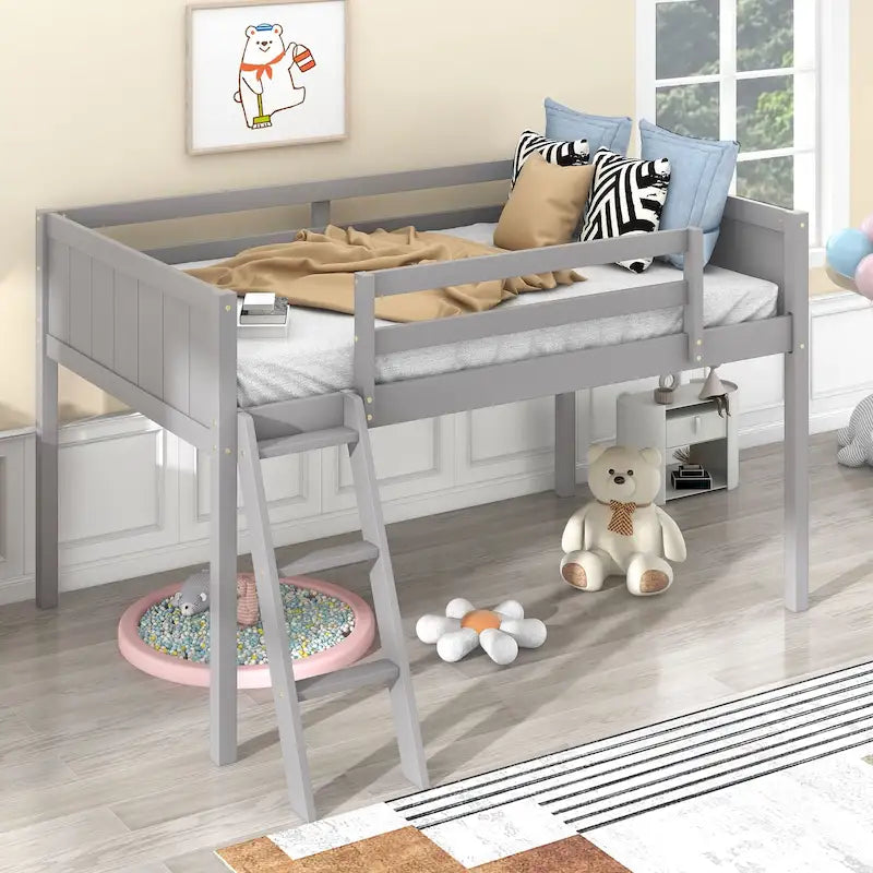Gray Twin Size Low Solid Wood Loft Bed with Ladder and Safety Fence for Children