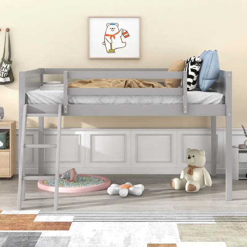 Gray Twin Size Low Solid Wood Loft Bed with Ladder and Safety Fence for Children