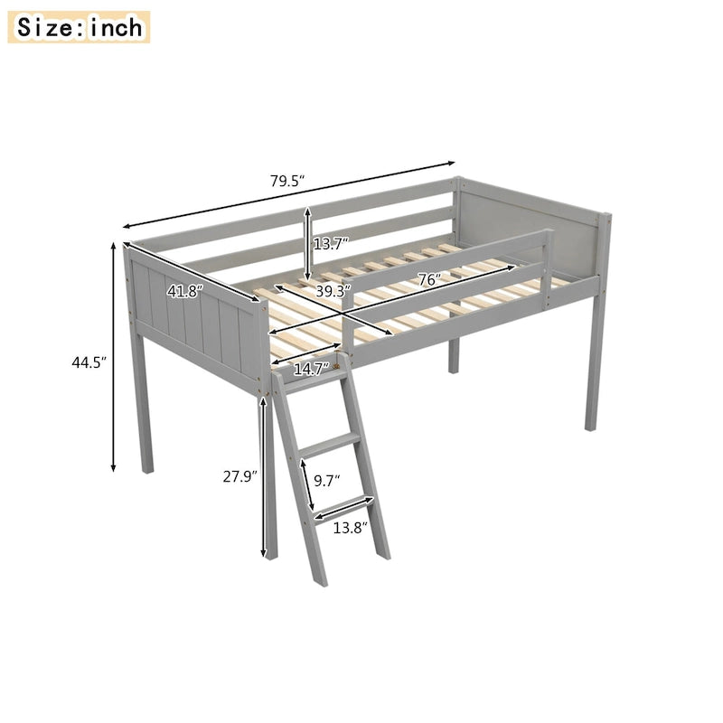 Gray Twin Size Low Solid Wood Loft Bed with Ladder and Safety Fence for Children