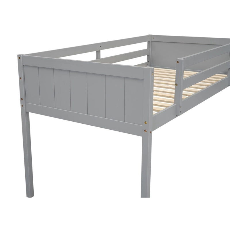 Gray Twin Size Low Solid Wood Loft Bed with Ladder and Safety Fence for Children
