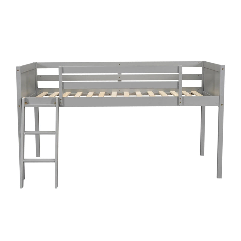 Gray Twin Size Low Solid Wood Loft Bed with Ladder and Safety Fence for Children