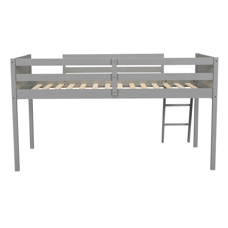 Gray Twin Size Low Solid Wood Loft Bed with Ladder and Safety Fence for Children