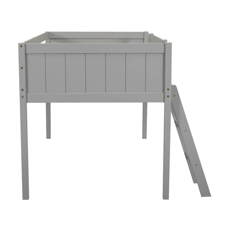 Gray Twin Size Low Solid Wood Loft Bed with Ladder and Safety Fence for Children