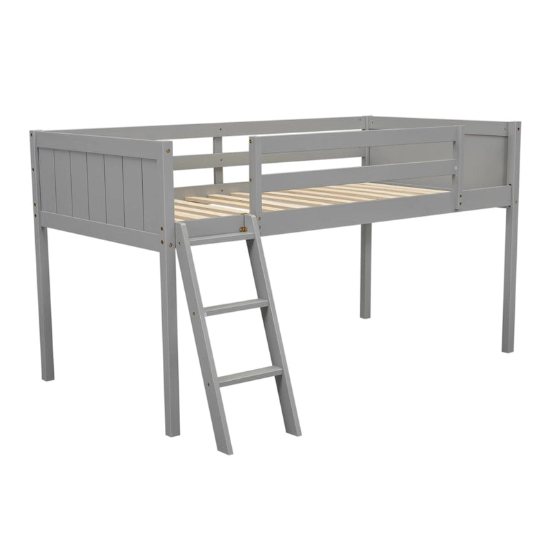 Gray Twin Size Low Solid Wood Loft Bed with Ladder and Safety Fence for Children