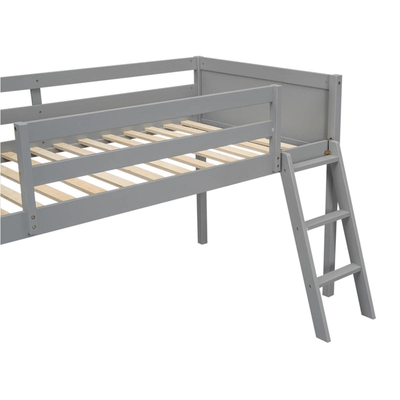 Gray Twin Size Low Solid Wood Loft Bed with Ladder and Safety Fence for Children