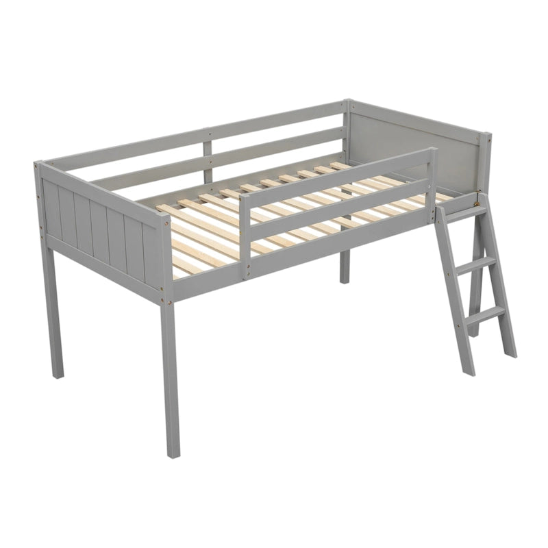 Gray Twin Size Low Solid Wood Loft Bed with Ladder and Safety Fence for Children